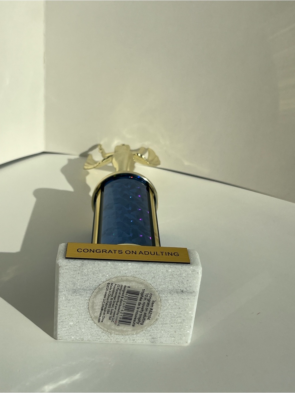 Gold Angel Trophy with Blue Column - Congrats on Adulting - Picture 4 of 4